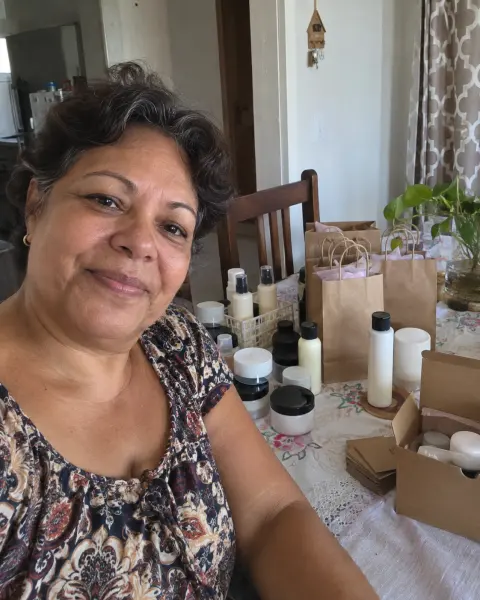 Selfie de Sônia à mesa onde organiza seus pedidos de cosméticos.