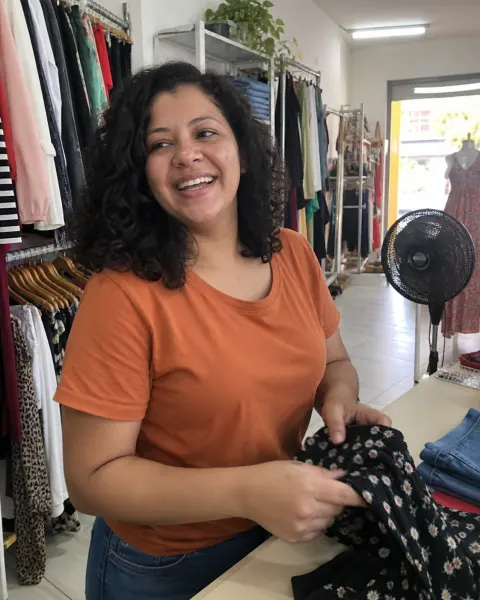 Marina rindo no balcão de uma pequena loja de roupas.