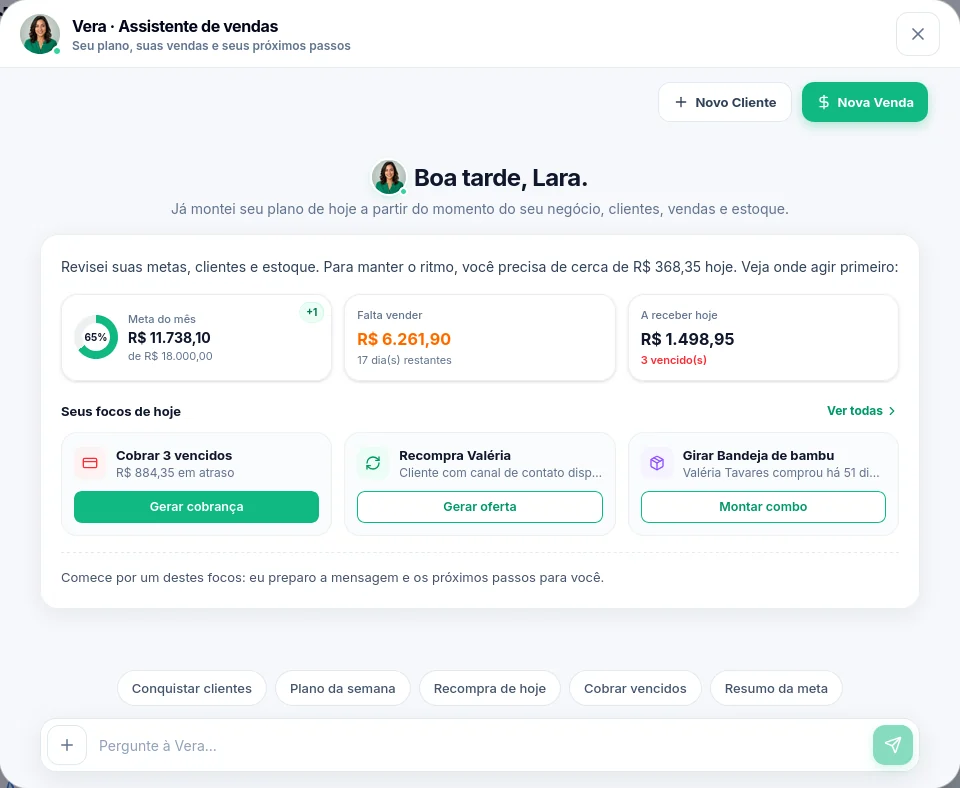 Painel real da Vera com meta, cobranças e oportunidades da Casa Aurora.